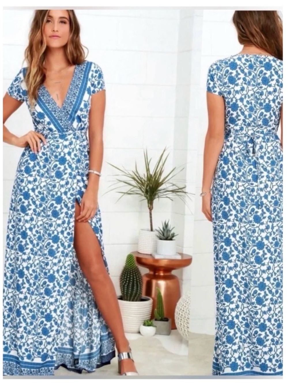 Lulus French Doors Ivory and Blue Floral
Print Wrap Maxi Dress